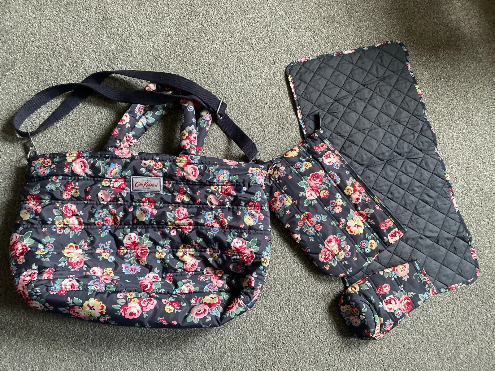 Cath Kidston Grey Floral Changing Bag With Mat, Sections, Bottle Holder