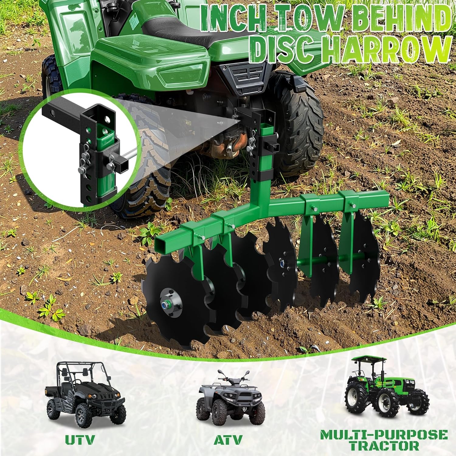 Heavy Duty ATV/UTV Disc Plow Harrow W/ 28" Cut Width & 2" Receiver Hitch Attach