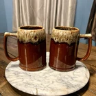 2 VTG Hull Pottery Brown MCM Drip Pint Mugs Oven Proof USA Glossy Coffee Stein