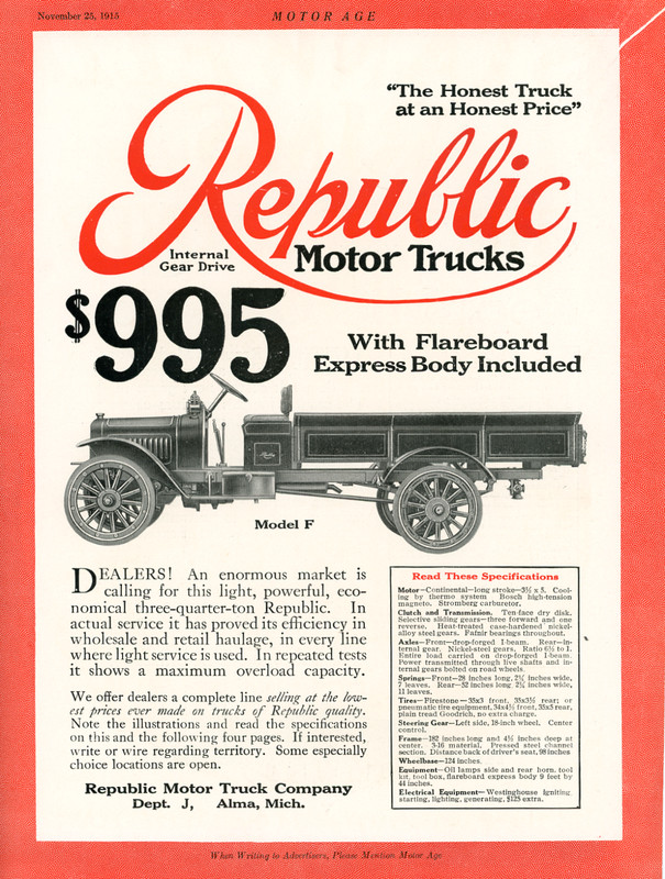 1915 Original Republic Trucks 4-Page Brochure. 4 Models, Factory, Specs. Alma MI