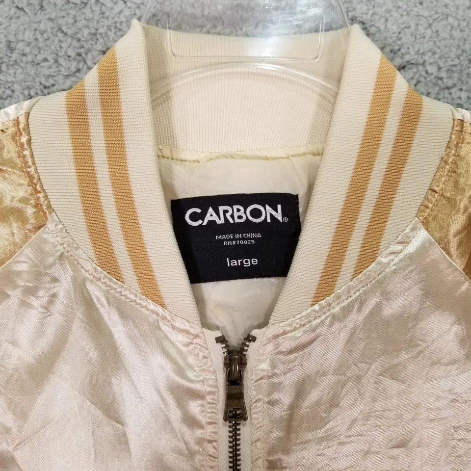 Chaqueta bombardero amarilla vintage Y2K para hombre L J carbono satinado bordada tigre Foto 3 de 4