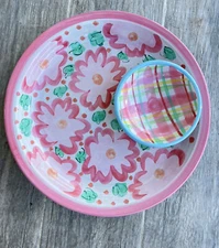 Spring Pink Flower and Plaid Chip and Dip Platter
