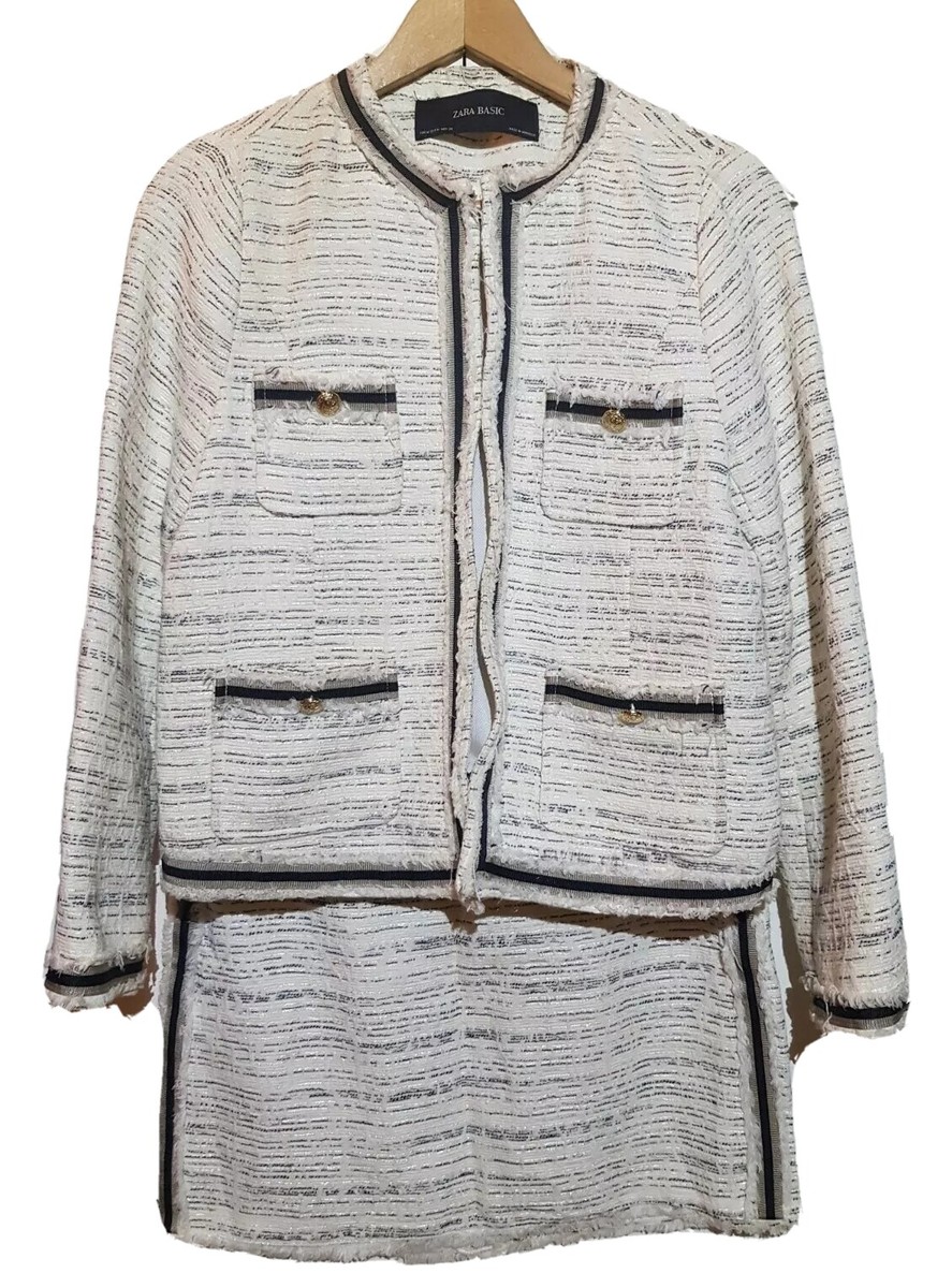 ZARA Tweed Boucle Coord Set Jacket Skirt BNWT Sz M White Black Cream Chic