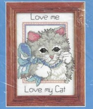 LOVE ME, LOVE MY CAT-Grey Kitten w/ Blue Ribbon on Neck-Counted Cross Stitch KIT