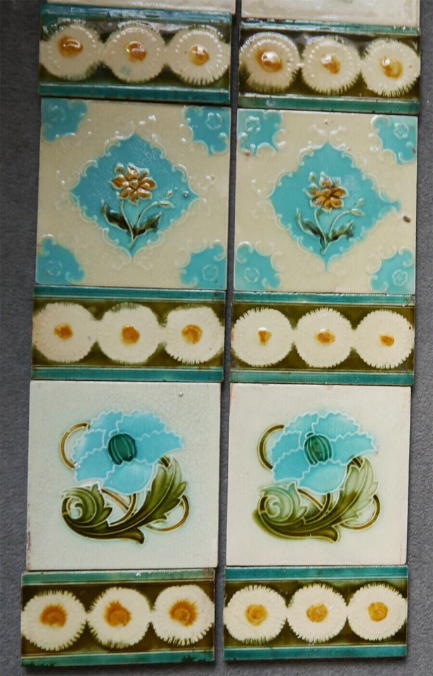 Original Antique Set Art Nouveau Fireplace Tiles with Floral Spacers Birmingham - Image 3 of 4