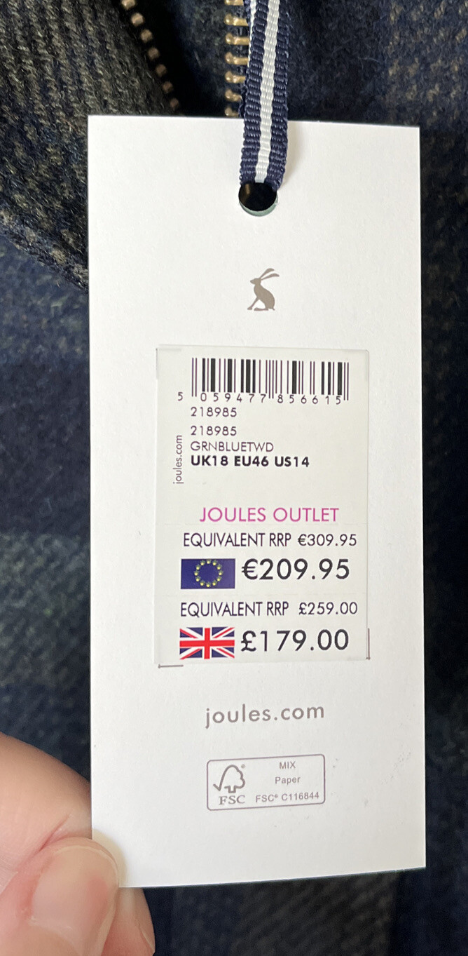 Joules Green Blue Tweed Field Coat Shooting Jacket Size 18 BNWT Ladies