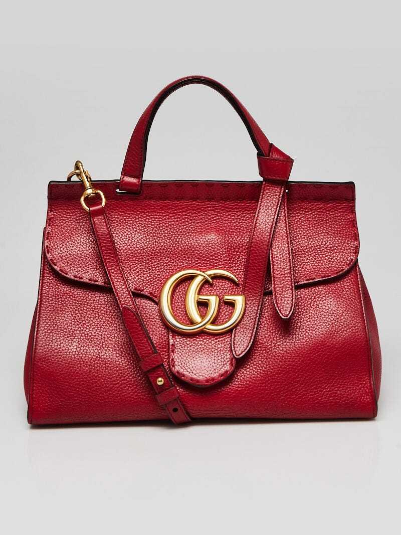 Gucci Red Pebbled Leather Marmont Top Handle Bag