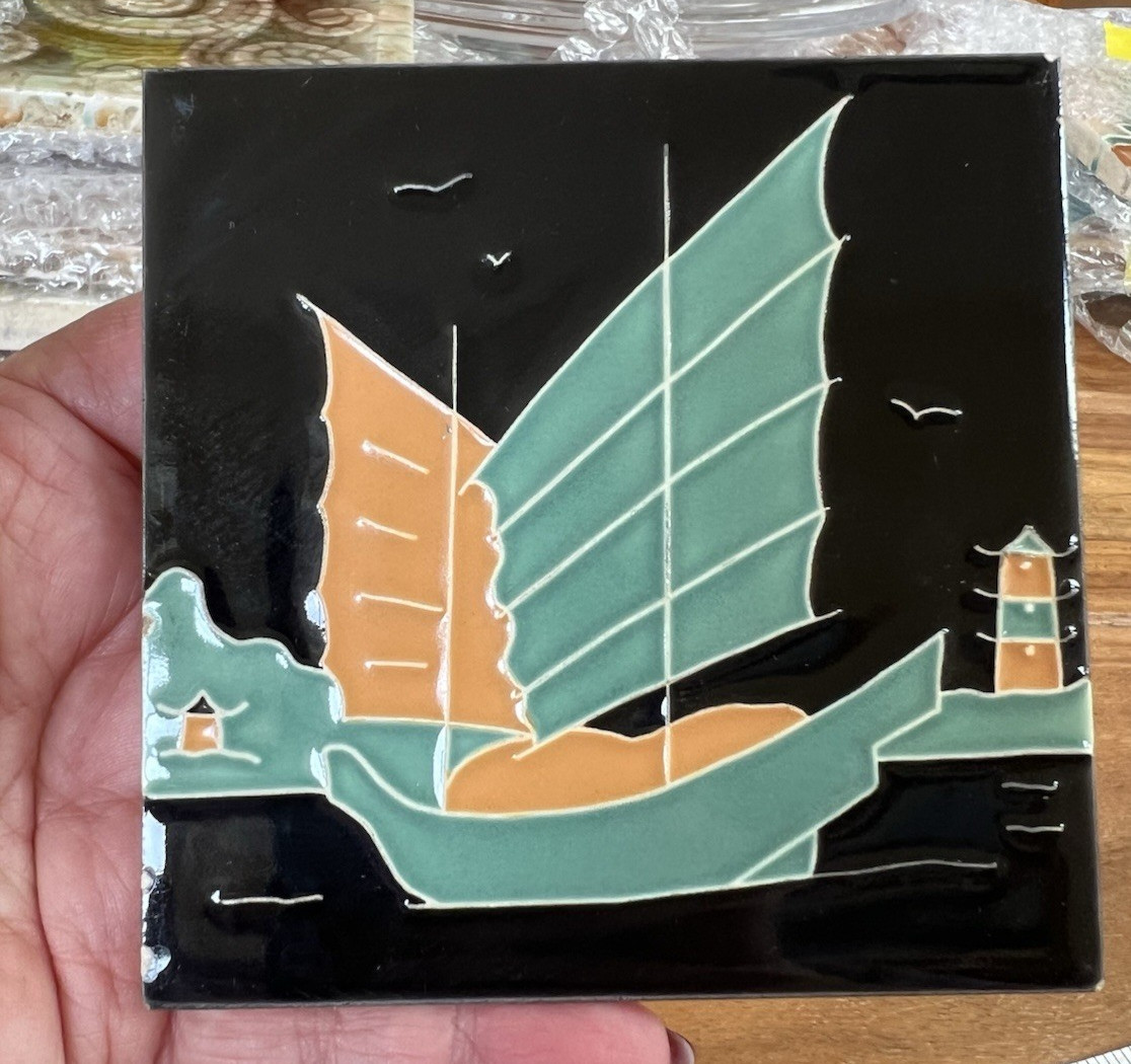 American Encaustic Tile Co  Boat And Pagoda Scene Decorative Tile Asian Style