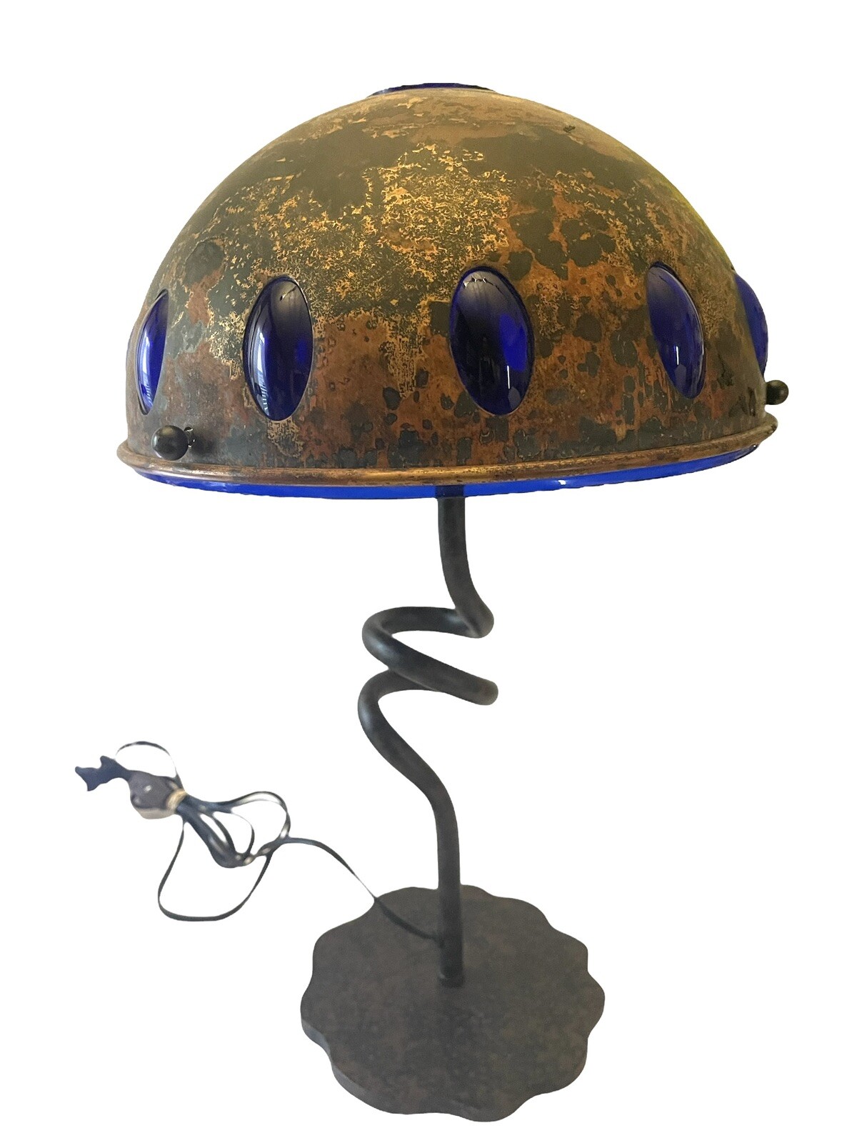 MCM VTG NANNY STILL Brutalist Heavy Copper Cobalt Glass Dome Table Lamp - READ