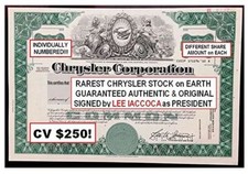 RARE ORIG CHRYSLER STOCK SIGNED LEE IACCOCA! BUY 5 GET 5 DIF PRESIDENTS cv $1250