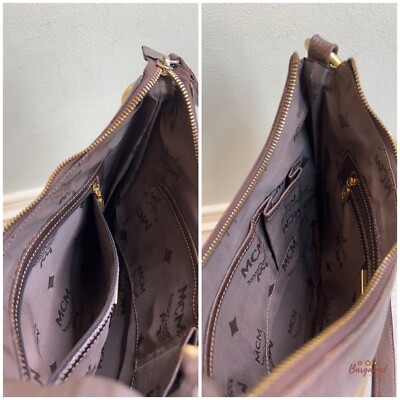 Authentic MCM Vintage Khaki Monogram Canvas Brown Leather Small