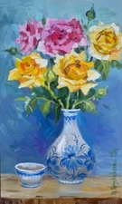 STILL LIFE Original Floral Painting Oil Art Roses in blue vase 10 x 6 inch