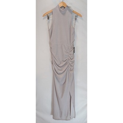 Express Mock Neck Ruched Side Slit Midi Dress Light Gray Size M velvet