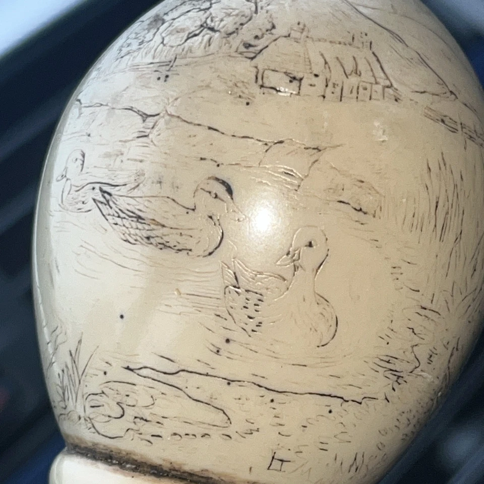 Vintage Whale Tooth Scrimshaw, Ducks, Wetlands Walking Stick Cane Signed LT - Image 4 of 4