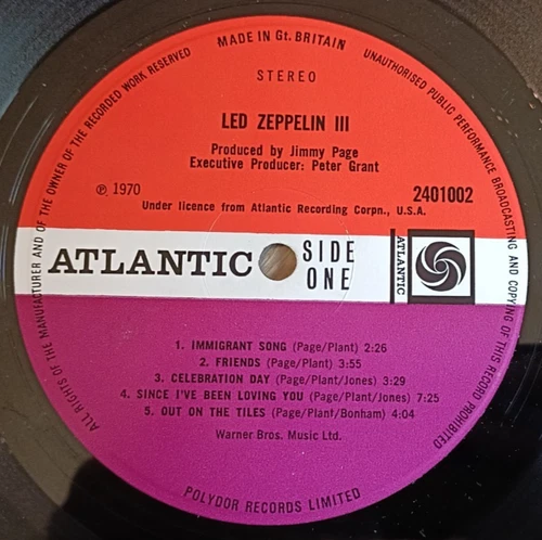 Led Zeppelin LP 3 UK Atlantic Plum 1st Press PETE GRANT CREDITS SUPERB AUDIO