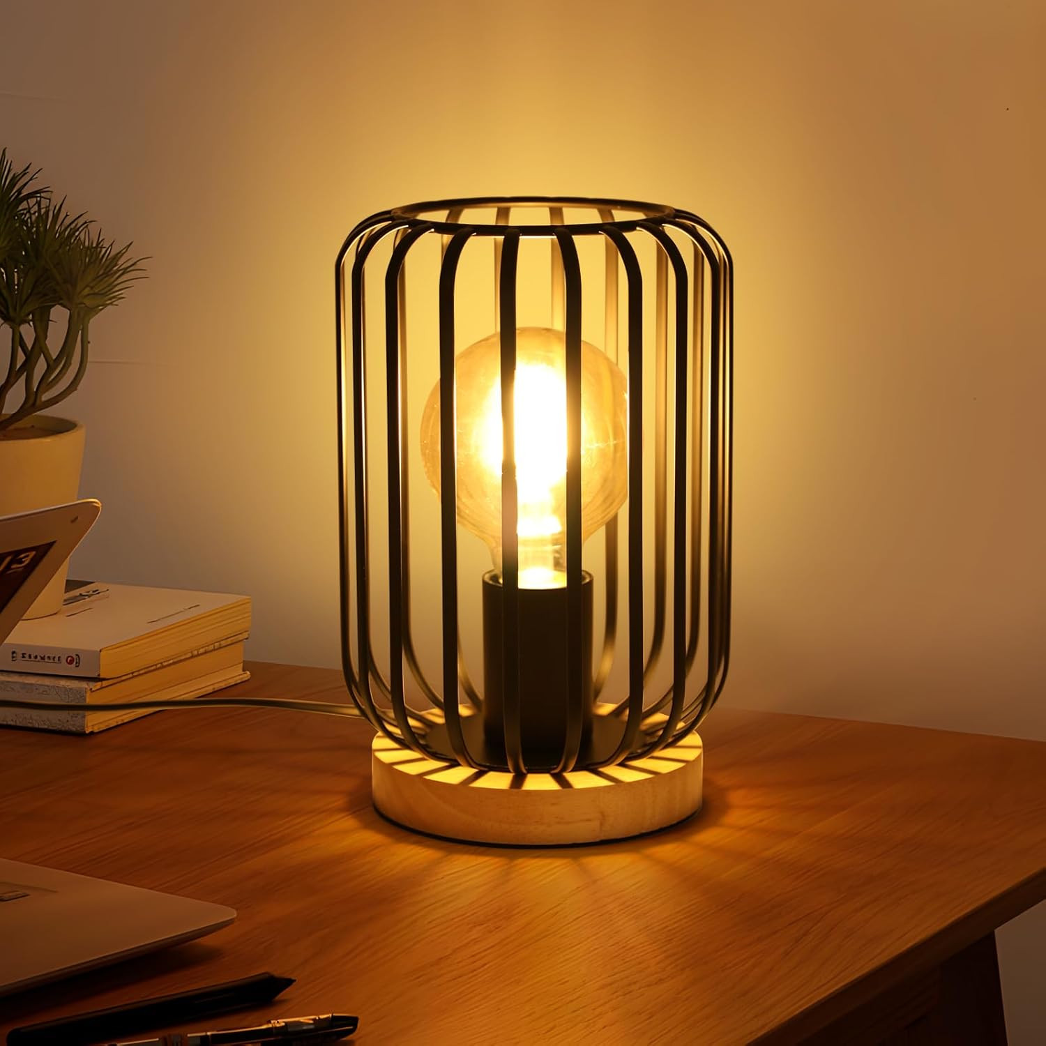 Lampada Da Tavolo Retrò, Industriale Lampada Da Comodino in Ferro Nero E Legno E