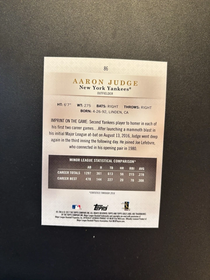 2017 Topps Gold Label Aaron Judge Rookie RC #86 Yankees - Image 2 of 2