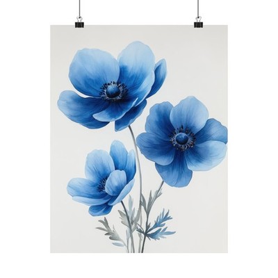 Boho Blue Anemones Flower Art Print Poster, Minimalist Floral Wall Art 4