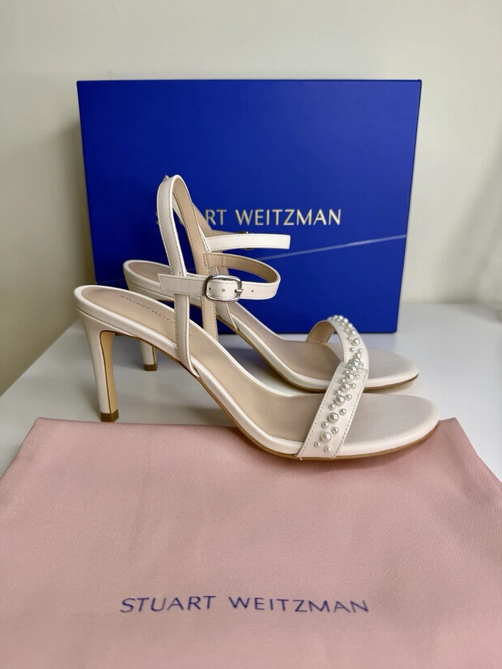 NEW Stuart Weitzman 9.5 Dancer Demipearl Heel Sandal Calf Leather White Wedding - Image 3 of 4
