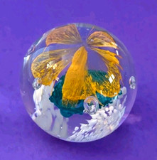 Vtg Glass Yellow Flower Paperweight With Bubbles Unsigned  3"