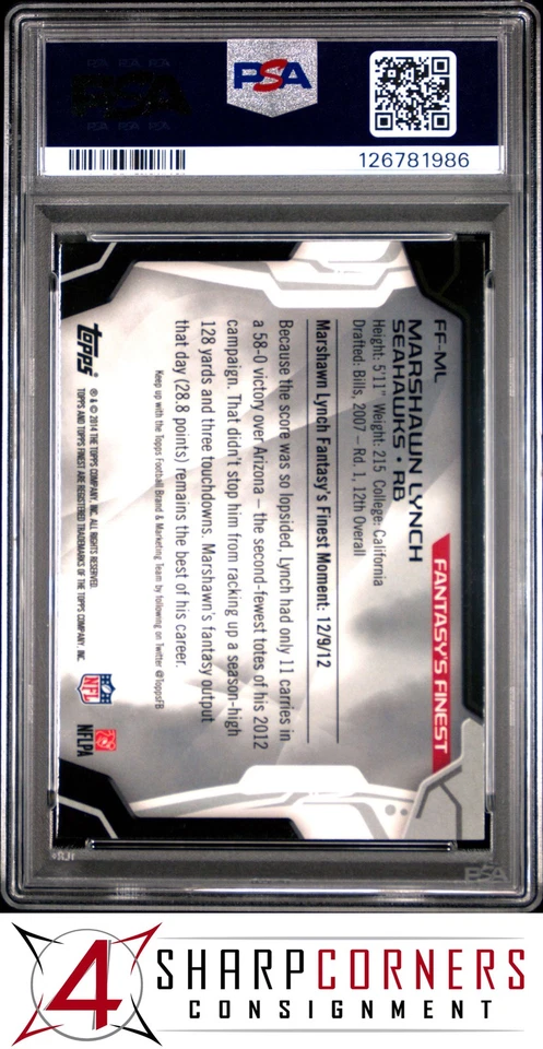 2014 FINEST FANTASY'S FINEST #FF-ML MARSHAWN LYNCH POP 1 PSA 10 - Image 2 of 3