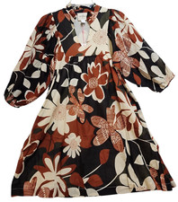 Umgee Dress Womens M L 3/4 Puff Sleeve Rust Brown Black Print Ruffle V Neck New