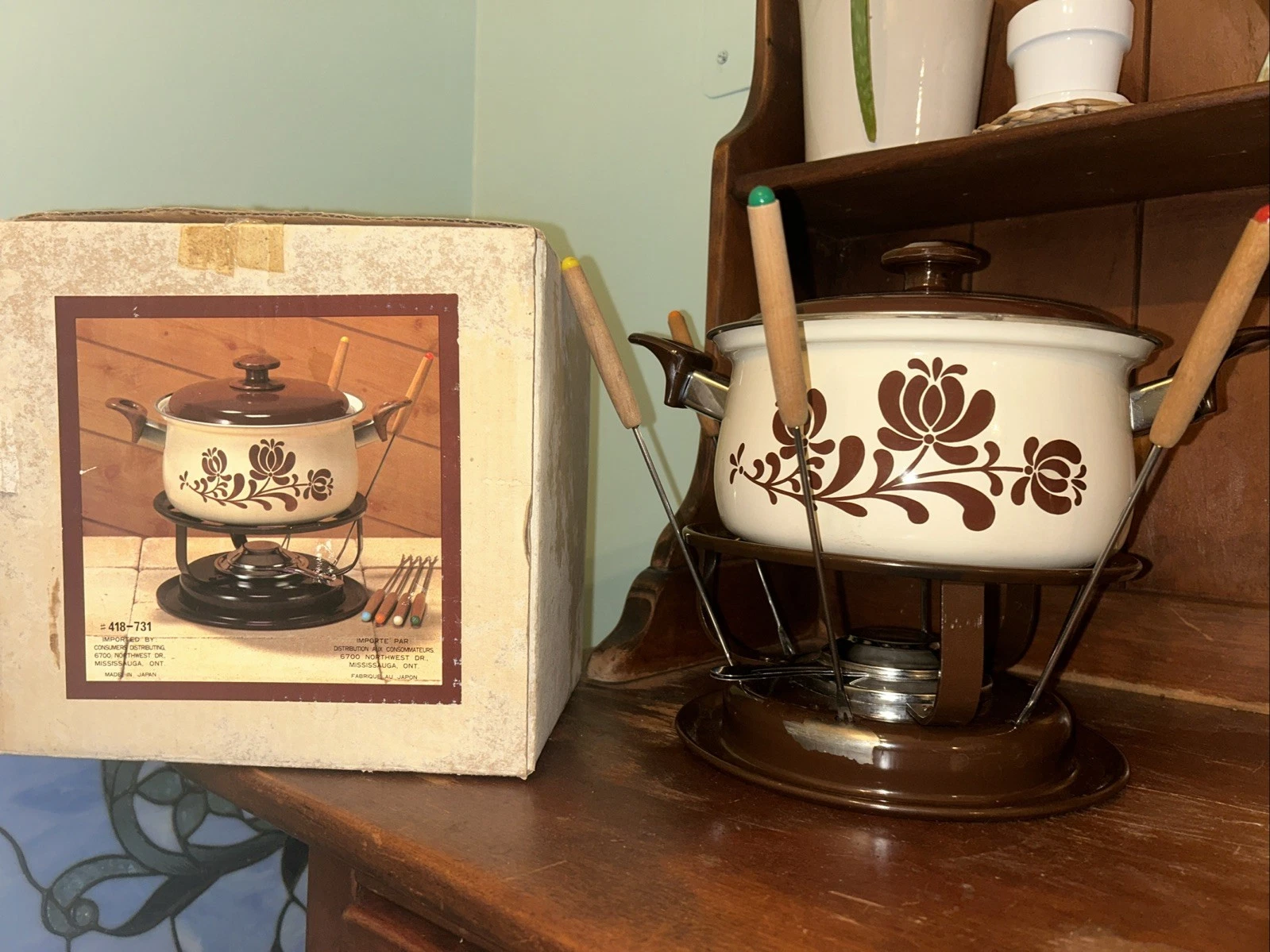 Vintage 70s/80s Brown Floral Fondue Pot With Box, Skewers, Stand, Burner