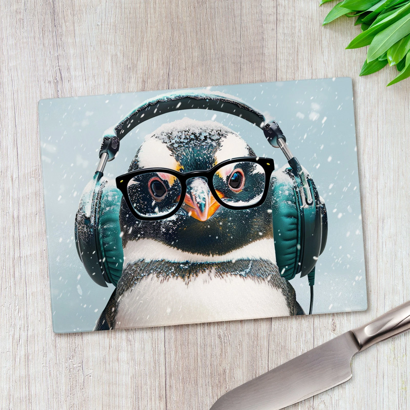 Penguin Headphones Glasses Glass Chopping Board Large Kitchen Worktop Saver