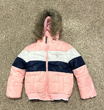 Tommy Hilfiger Girls Colorblock Puffer Winter Jacket Faux Fur Pink Navy Size S 7