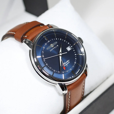 #ad Zeppelin Men#x27;s Blue Dial GMT Atlantic Brown Leather Strap Watch 8442 3 $239.99