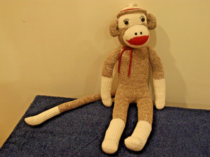 Handmade Vintage Original Sock Monkey 19" to 25" Stuffed. With hat. Happy Guy.