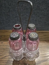 Antique Victorian Cranberry To Clear Cruet Shaker Caster Condiment Set