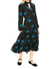 New RHODE Eugenie Wrap Midi Women's Printed Dress Fan Clip Jacquard Black Blue S
