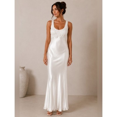 Vintage Cache Off-White Satin Maxi Dress | Small | Crinkled Bodice | Formal