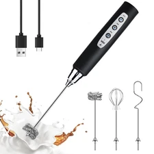 Black Handheld Milk Frother Wand for Coffee, Rechargeable Electric Whisk with...