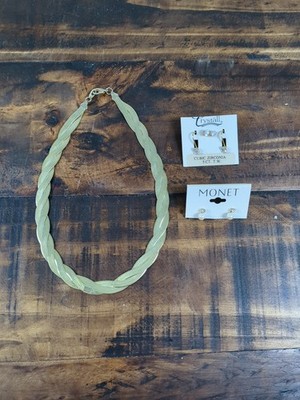 Gold Tone Braided Necklace & 3 Pairs Of Earrings Faux Pearl & Cubic Zirconia