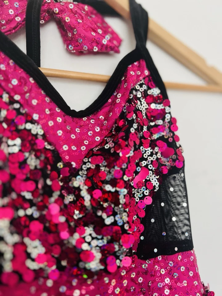 Vestido Disfraz de Baile Rosa/Negro Lentejuelas Niñas Talla 8-10 Arco Leotardo Figura Patín Foto 2 de 4