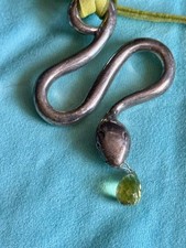 Sterling Silver & Green Suede Snake Pendant Choker, Garnet Eyes - adj length