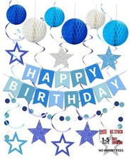Happy Birthday Decorations, Happy Birthday Banner with Honeycomb Balls, Blue