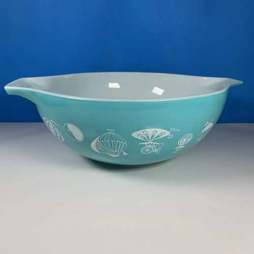 1958 Pyrex #444 Cinderella Bowl 4 Qt Turquoise Hot Air Balloons MCM USA EXCELLEN