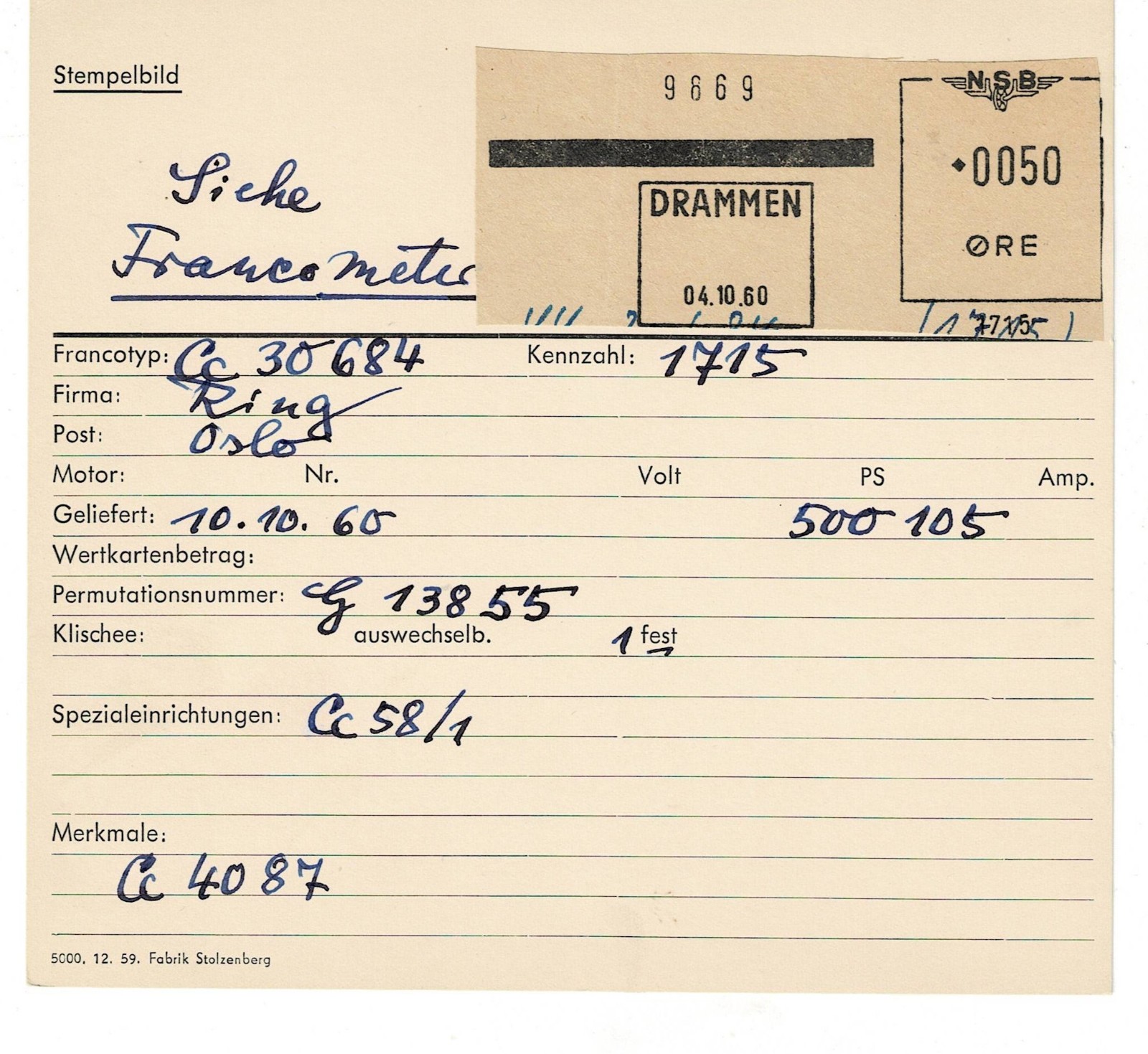 Drammen 1960 NSB Staatsbahn  Francometer Abgabestempel  AFS Archivkarte Unikat