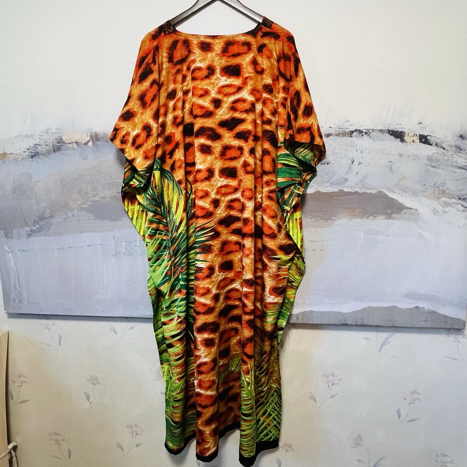 Vestido De Colección WINLAR Caftán Muumuu Tropical Palma Leopardo Estampado Talla Única Colorido Años 90 Foto 3 de 4