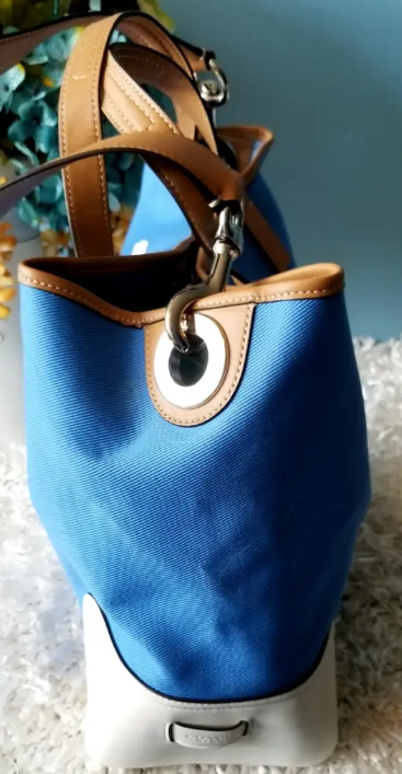 Coach Blue & White Color Block Canvas w/White Leather Trim Tote