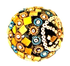 VINTAGE UNRANDED MOSAIC GLASS GOLD & BLUE ROUND TREE ORNAMENT - 1  3/4"