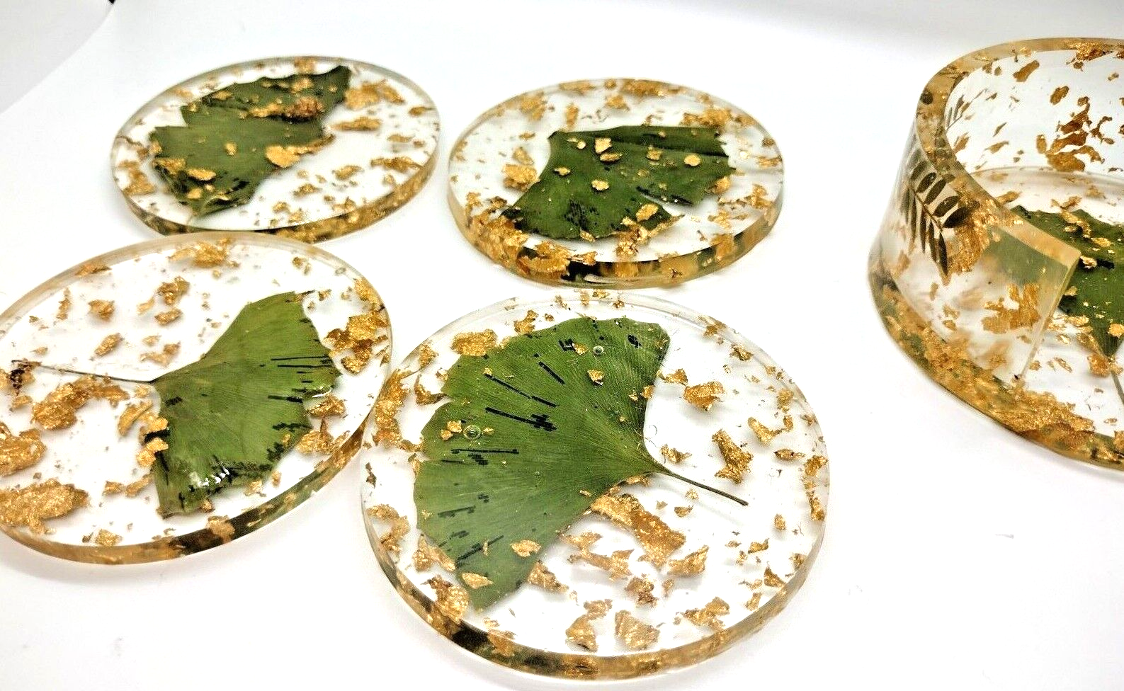 Set of 4 Acrylic Resin Handmade Vintage Gold Fleck Plant Coasters with Holder