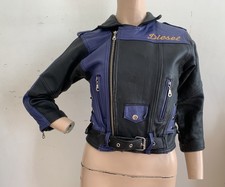 Diesel Vintage 80s 90s Logo Black Blue Leather Cropped Moto Biker Jacket Small