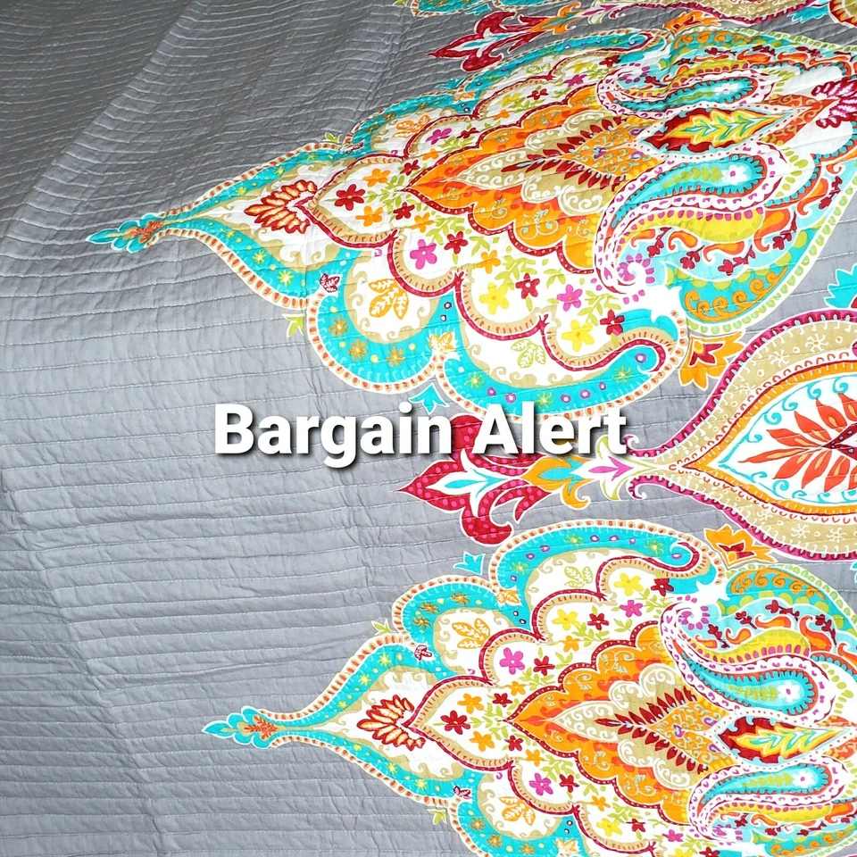 Moroccan Bohemian 3pc Full/Queen Quilt Gray Teal Orange White Tan Red Floral - Image 4 of 4