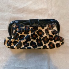CUTE FRANCHI BLACK PATENT LEATHER-TRIMMED ANIMAL PRINT PONY HAIR CLUTCH PURSE !