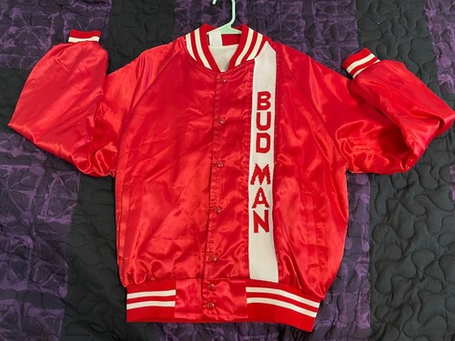 Vintage Bud Man Budweiser Satin Jacket size large Bud Bowl beer promo 80s bomber - Picture 2 of 12