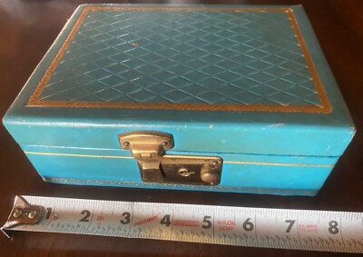 VTG EARLY OLD LIGHT BLUE COLOR GOLDEN LOCK VELVET 2 LAYER MIRROR JEWELRY BOX